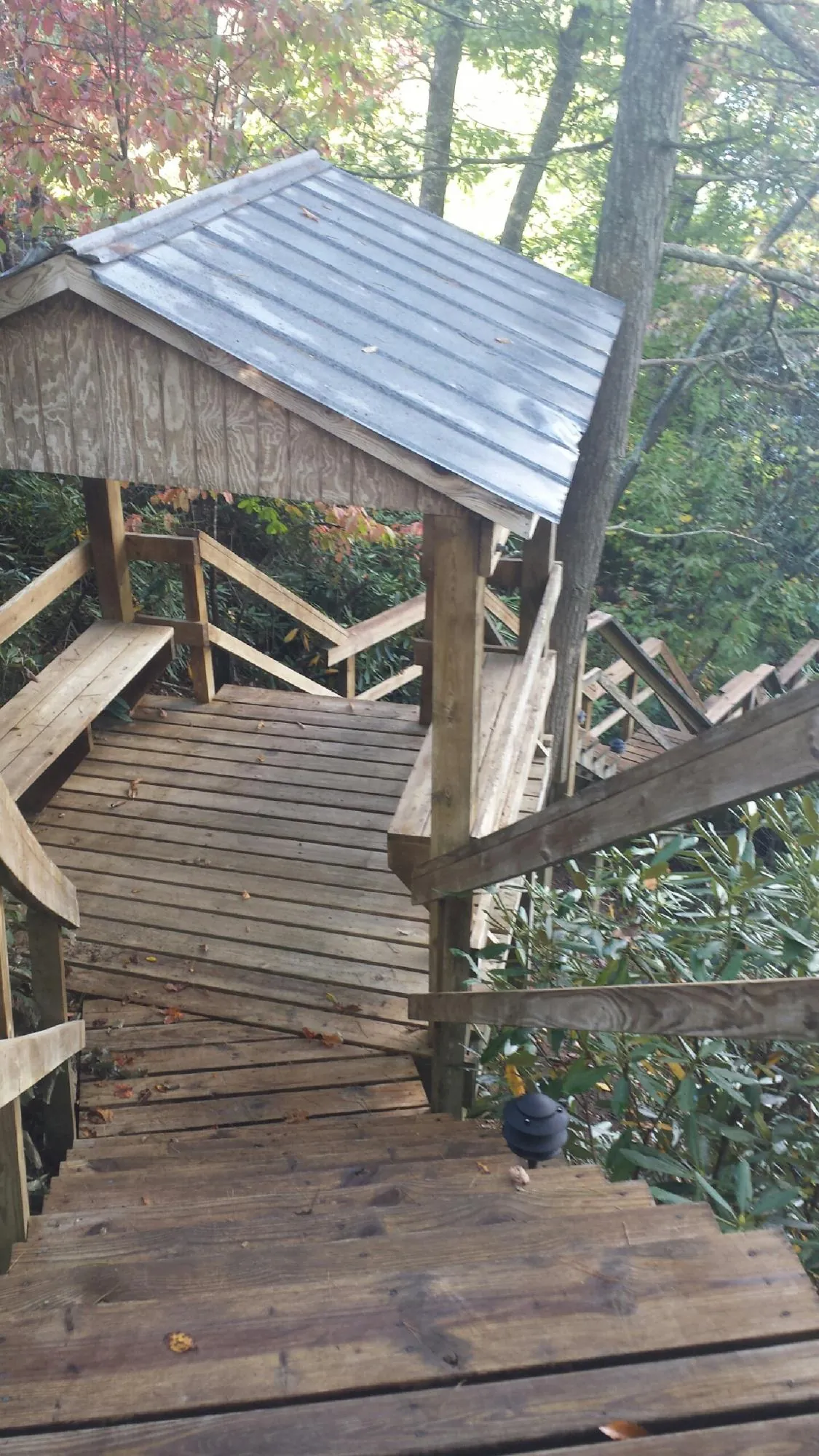 Metal roofed shelter over wooden steps on a wooded walkway — Skylight Repair & Installation work by our crew in Altamont
